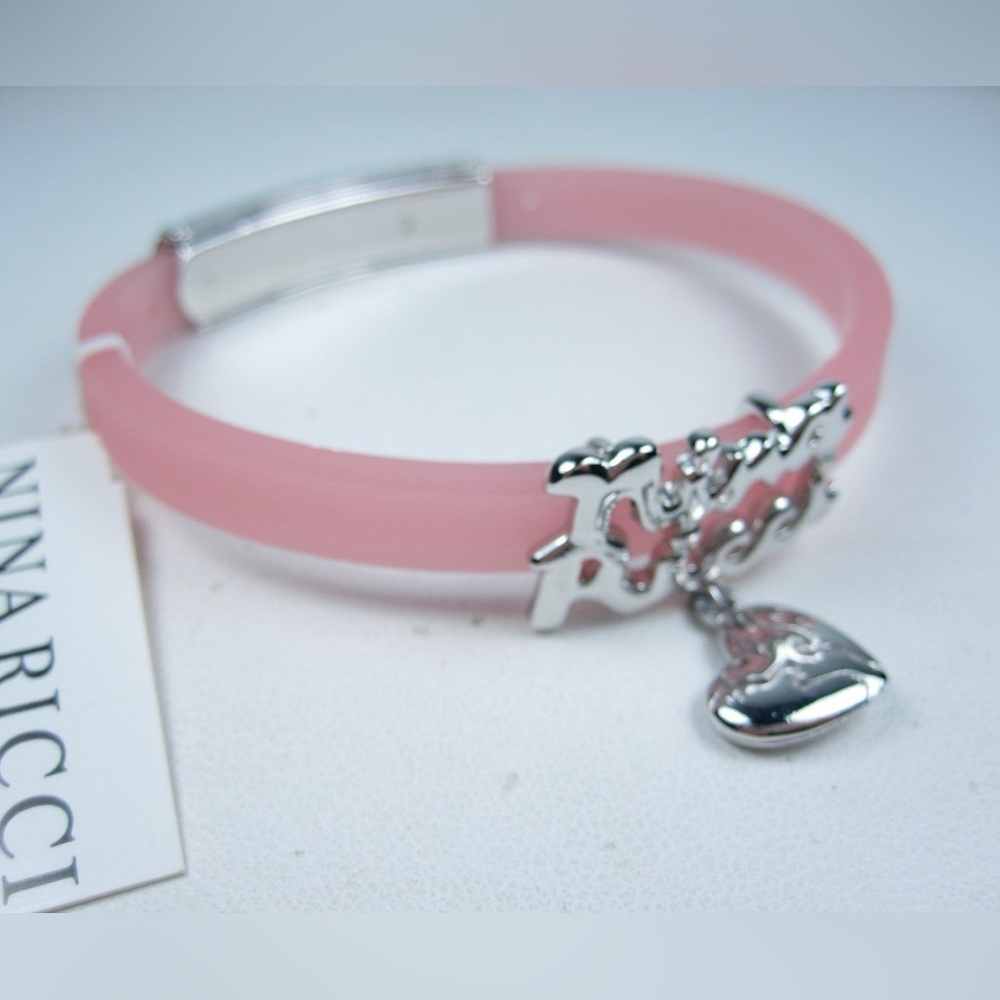 Nina Ricci Pink Silicone Bracelet w/ Dove Heart Charm | Adjustable 6.75”–7.5”